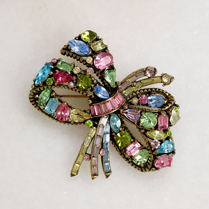 Pastel Rhinestone Hollycraft Bow Brooch