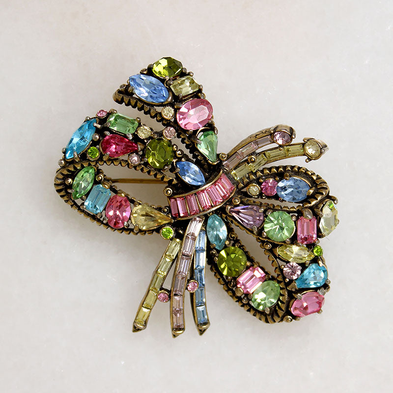 Pastel Rhinestone Hollycraft Bow Brooch