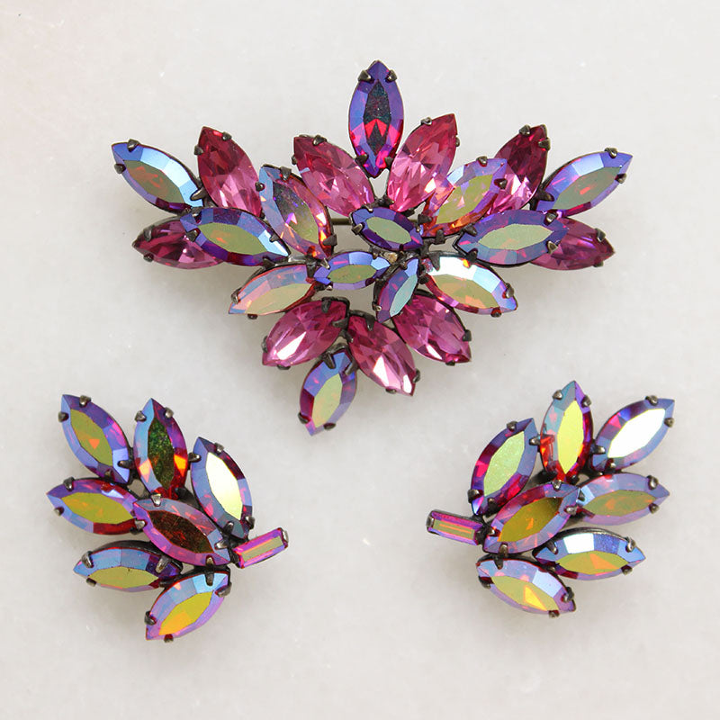 Purple & AB Red Crystal Brooch & Earrings by Regency