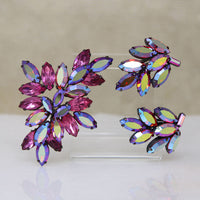 Purple & AB Red Crystal Brooch & Earrings by Regency