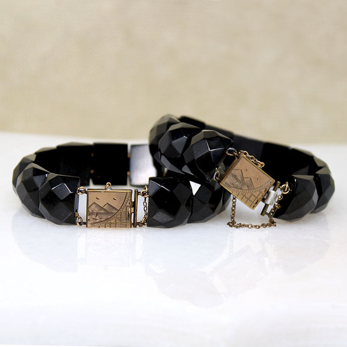 Matched Jet Bracelets with Engraved Clasps