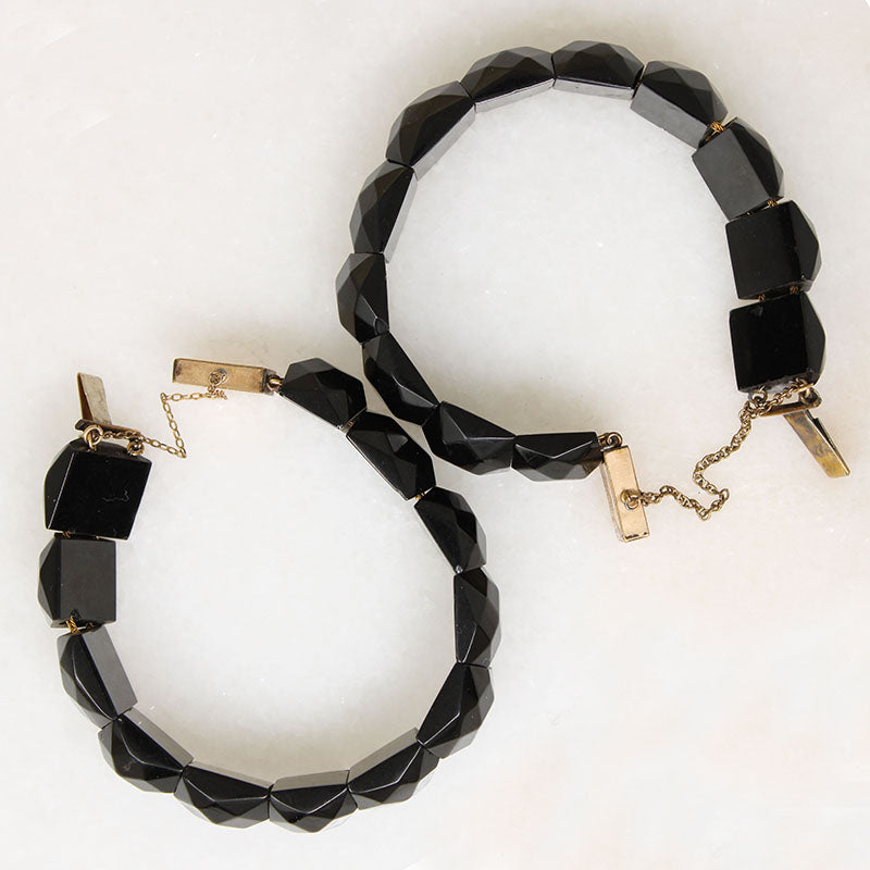Matched Jet Bracelets with Engraved Clasps