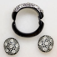 Graphic Black Celluloid & Rhinestone Clamper Bracelet & Earrings