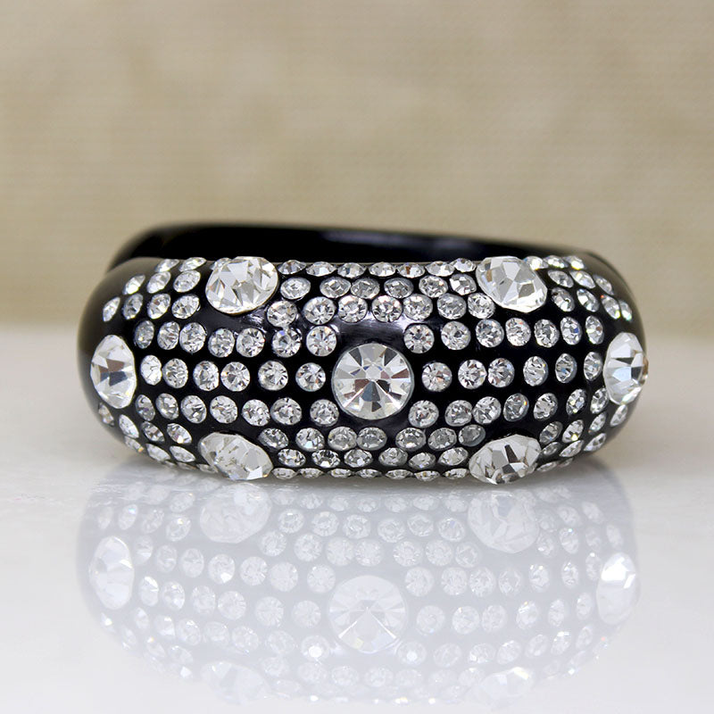 Graphic Black Celluloid & Rhinestone Clamper Bracelet & Earrings