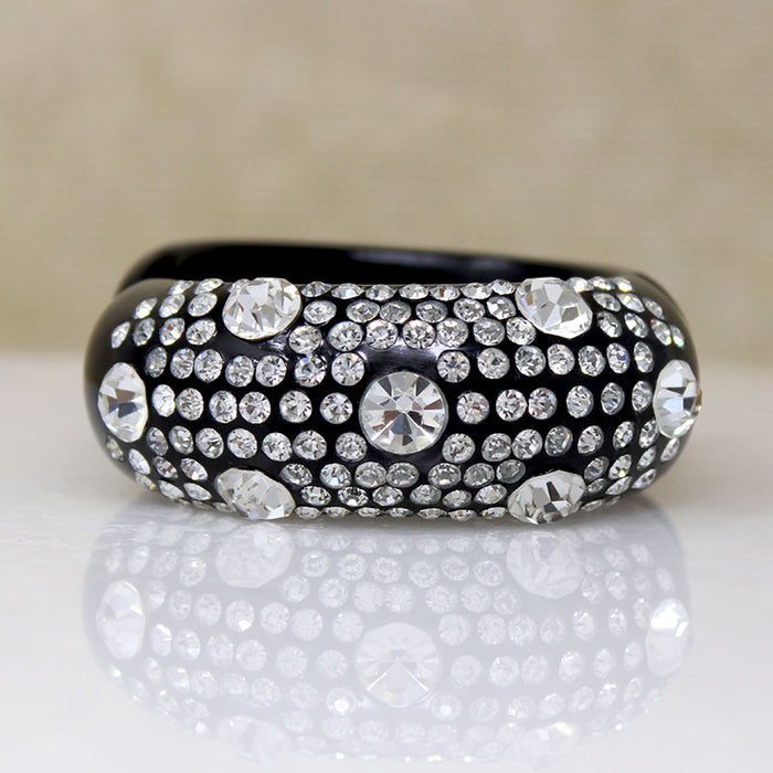 Graphic Black Celluloid & Rhinestone Clamper Bracelet & Earrings
