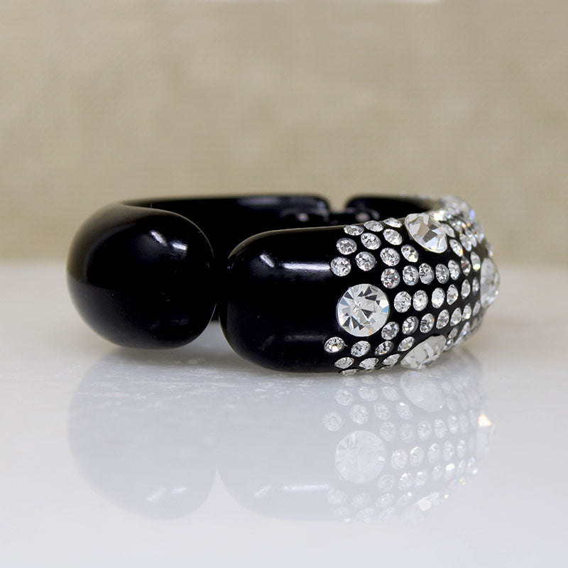 Graphic Black Celluloid & Rhinestone Clamper Bracelet & Earrings