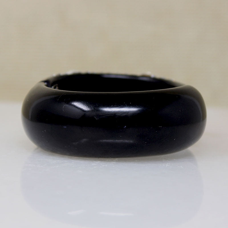 Graphic Black Celluloid & Rhinestone Clamper Bracelet & Earrings