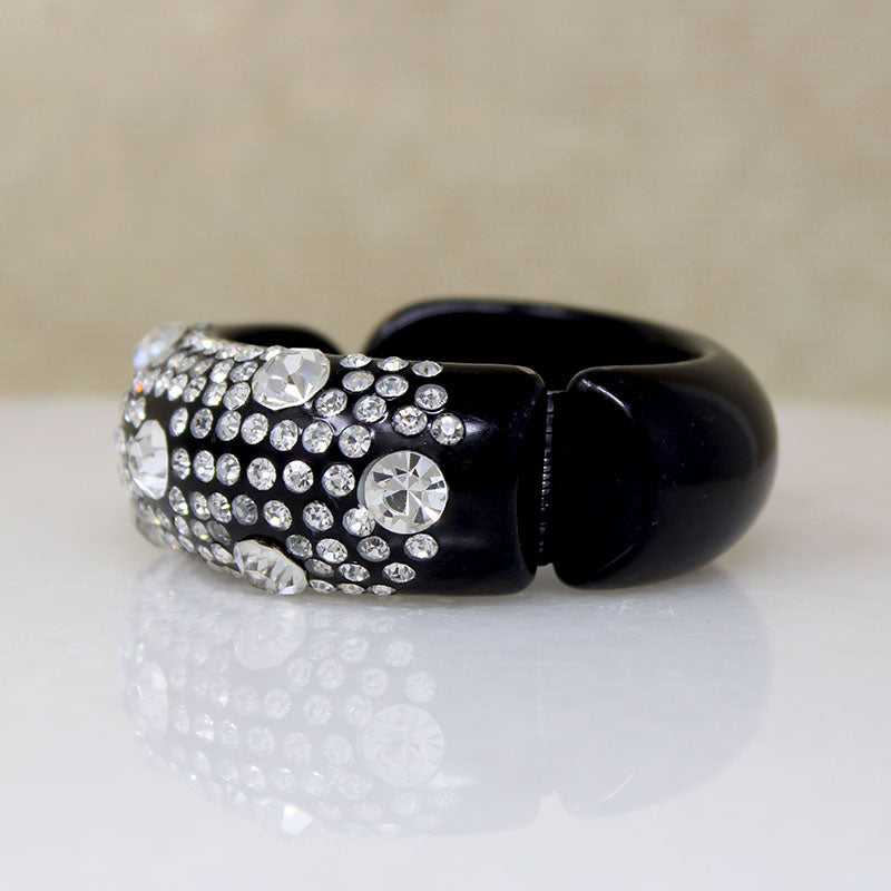 Graphic Black Celluloid & Rhinestone Clamper Bracelet & Earrings