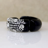 Graphic Black Celluloid & Rhinestone Clamper Bracelet & Earrings