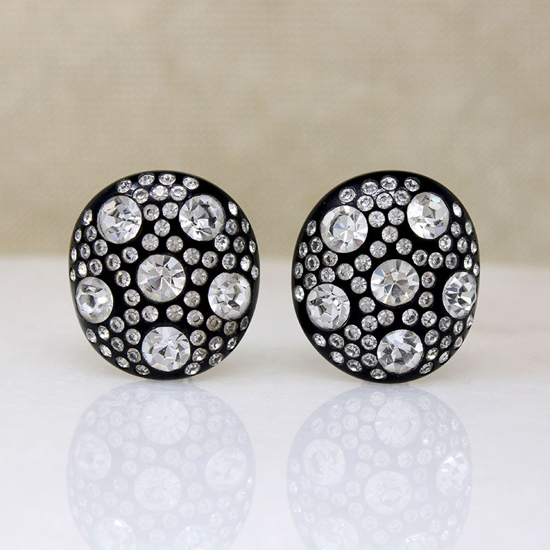 Graphic Black Celluloid & Rhinestone Clamper Bracelet & Earrings