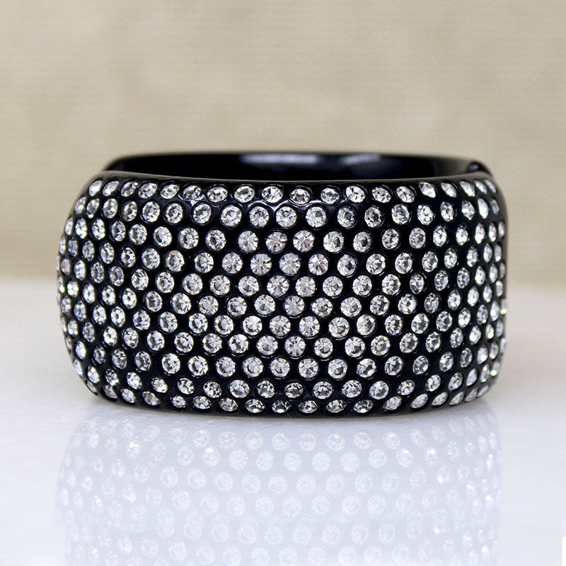 Wide Black Celluloid Clamper Bracelet with Rhinestones