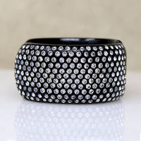 Wide Black Celluloid Clamper Bracelet with Rhinestones