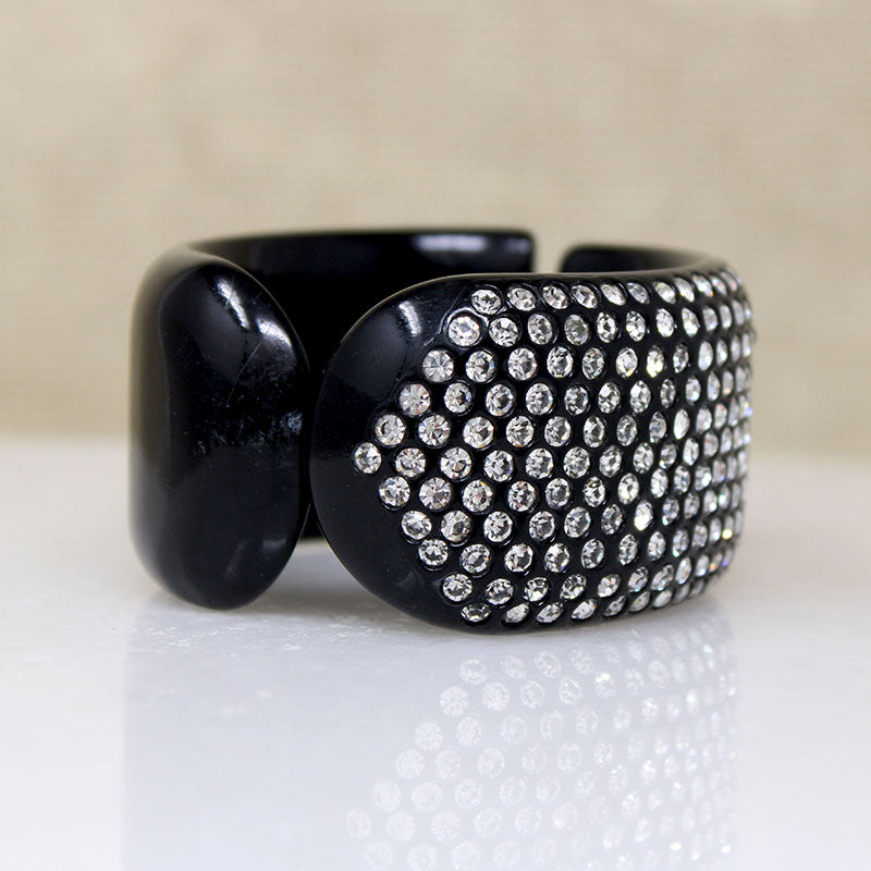 Wide Black Celluloid Clamper Bracelet with Rhinestones