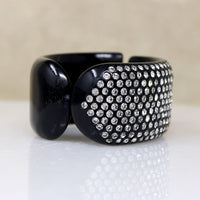 Wide Black Celluloid Clamper Bracelet with Rhinestones