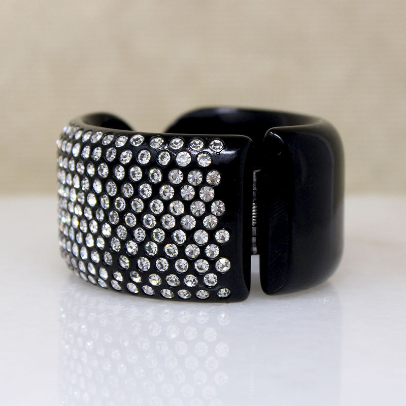 Wide Black Celluloid Clamper Bracelet with Rhinestones