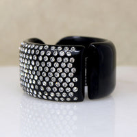 Wide Black Celluloid Clamper Bracelet with Rhinestones