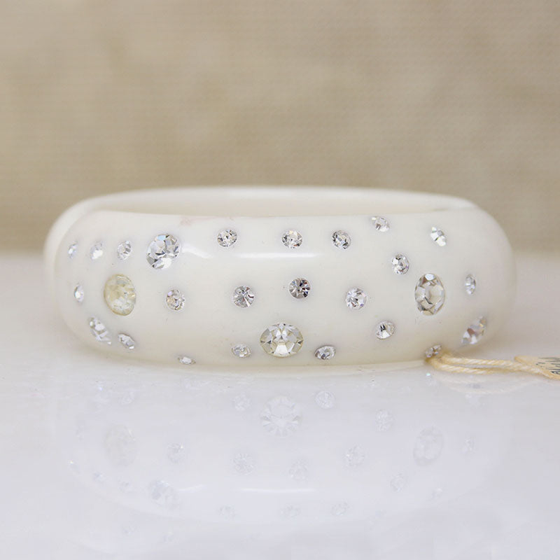White Celluloid & Rhinestone Clamper Bracelet by Weiss