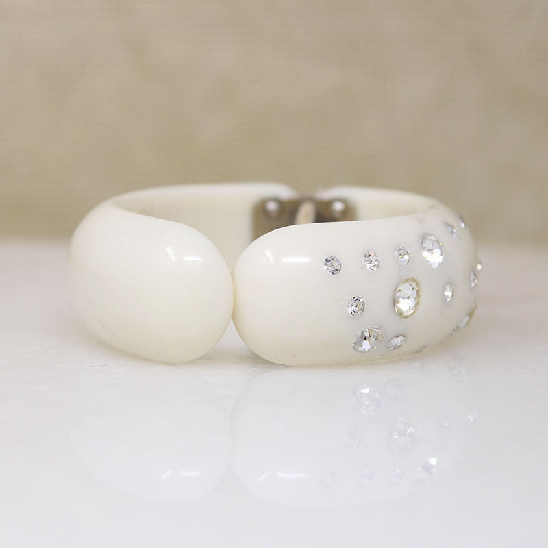 White Celluloid & Rhinestone Clamper Bracelet by Weiss