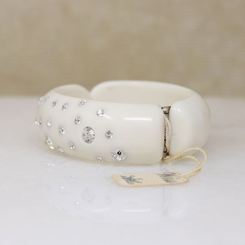 White Celluloid & Rhinestone Clamper Bracelet by Weiss