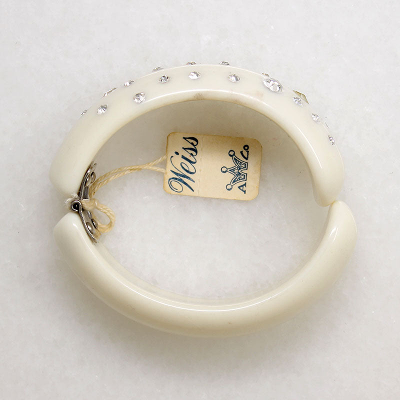 White Celluloid & Rhinestone Clamper Bracelet by Weiss