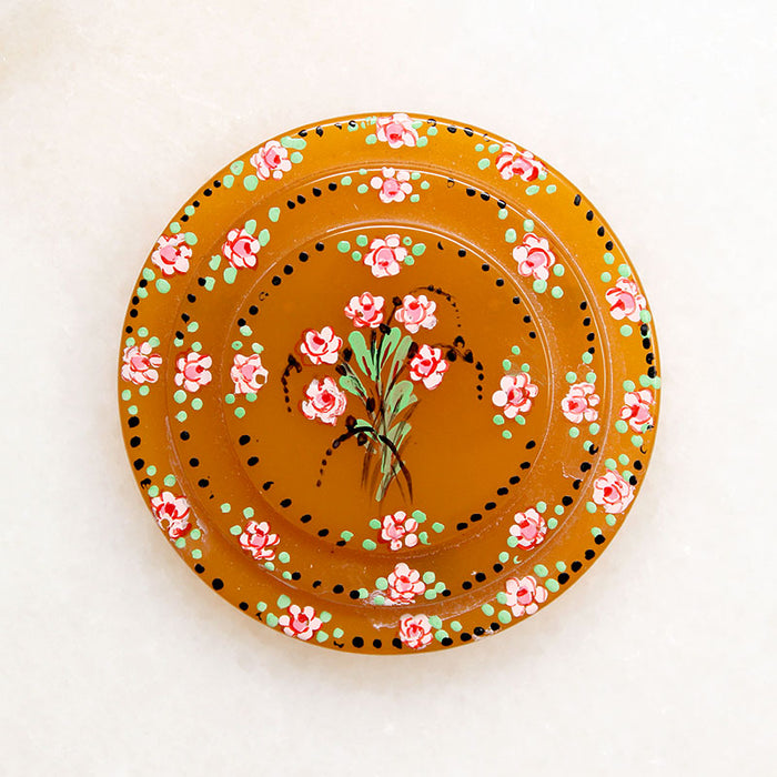Bakelite Circle Brooch Hand Painted with Flowers