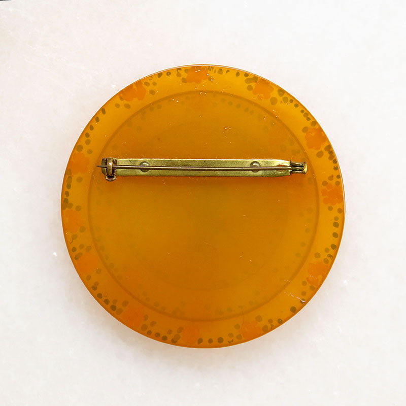 Bakelite Circle Brooch Hand Painted with Flowers