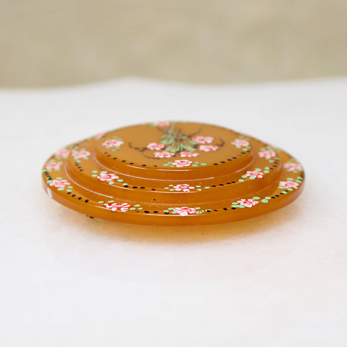 Bakelite Circle Brooch Hand Painted with Flowers