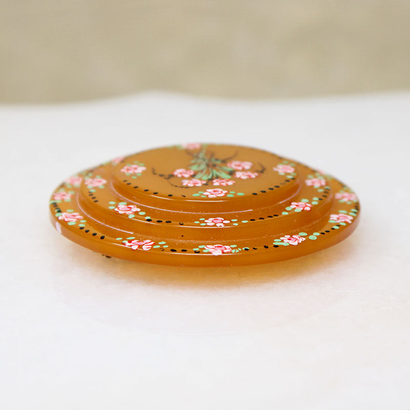 Bakelite Circle Brooch Hand Painted with Flowers