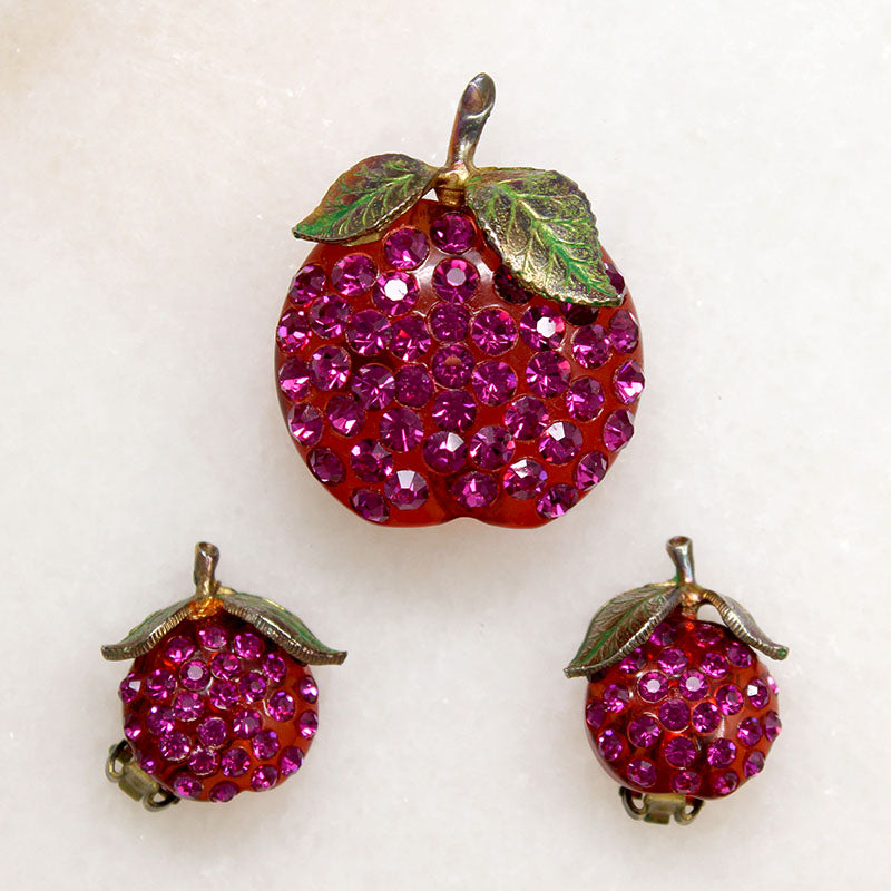 Appealing Austrian Crystal Apple Brooch & Earring Set