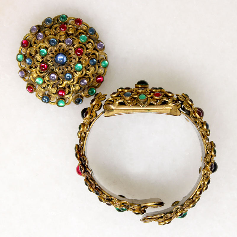 Ornate Brass Filigree & Glass Gem Cuff & Brooch Set