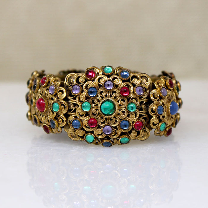 Ornate Brass Filigree & Glass Gem Cuff & Brooch Set