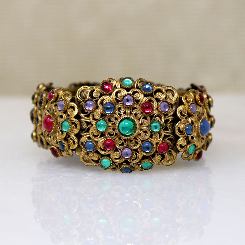 Ornate Brass Filigree & Glass Gem Cuff & Brooch Set