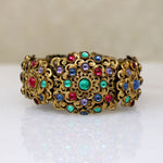 Ornate Brass Filigree & Glass Gem Cuff & Brooch Set