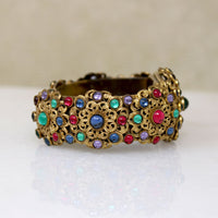 Ornate Brass Filigree & Glass Gem Cuff & Brooch Set