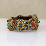 Ornate Brass Filigree & Glass Gem Cuff & Brooch Set