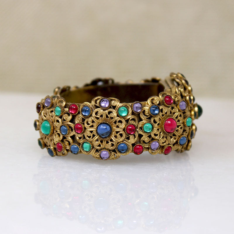 Ornate Brass Filigree & Glass Gem Cuff & Brooch Set