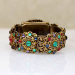 Ornate Brass Filigree & Glass Gem Cuff & Brooch Set