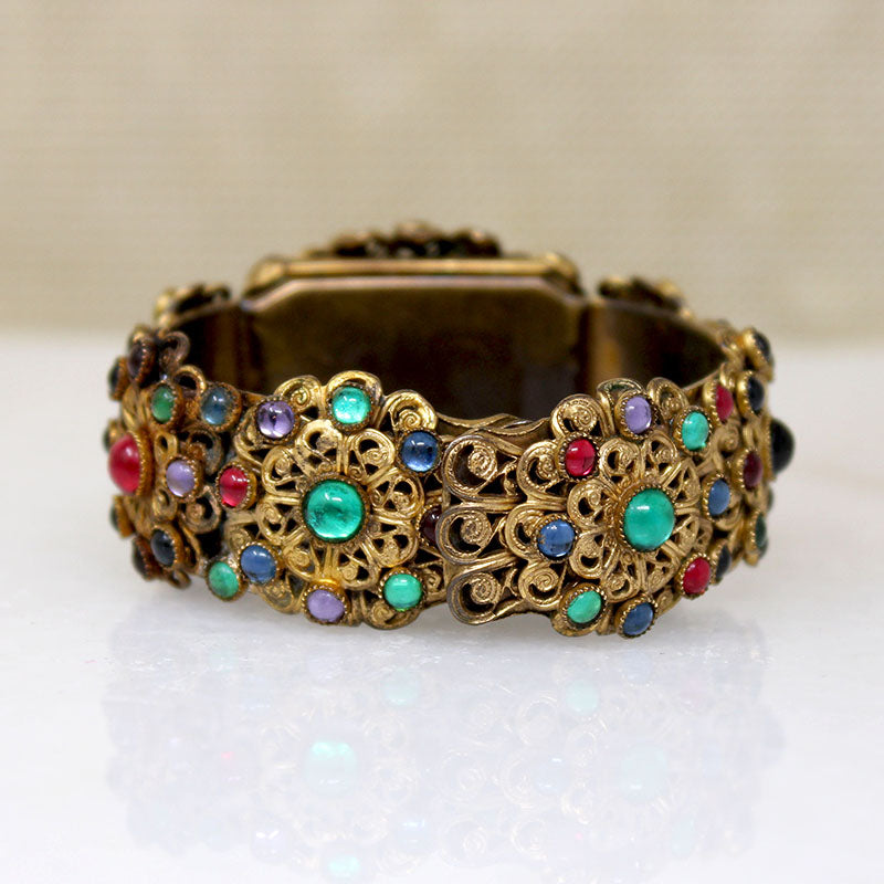 Ornate Brass Filigree & Glass Gem Cuff & Brooch Set