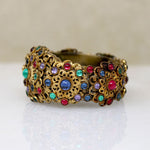 Ornate Brass Filigree & Glass Gem Cuff & Brooch Set