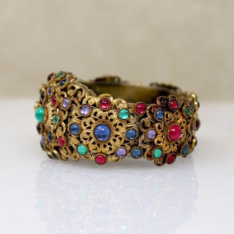 Ornate Brass Filigree & Glass Gem Cuff & Brooch Set
