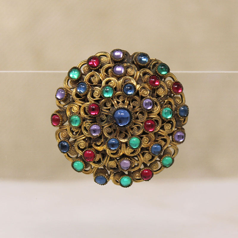 Ornate Brass Filigree & Glass Gem Cuff & Brooch Set