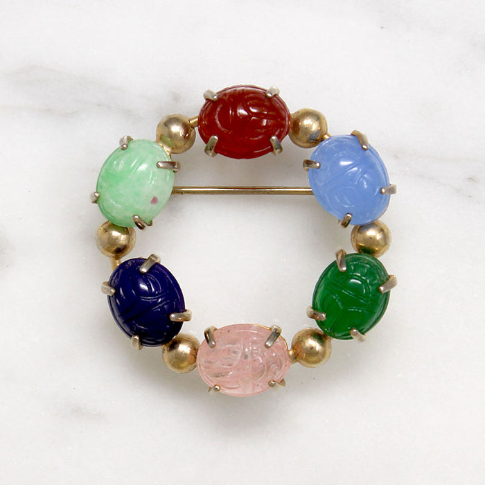 Colorful Glass Scarabs in Gold Filled Circle Brooch