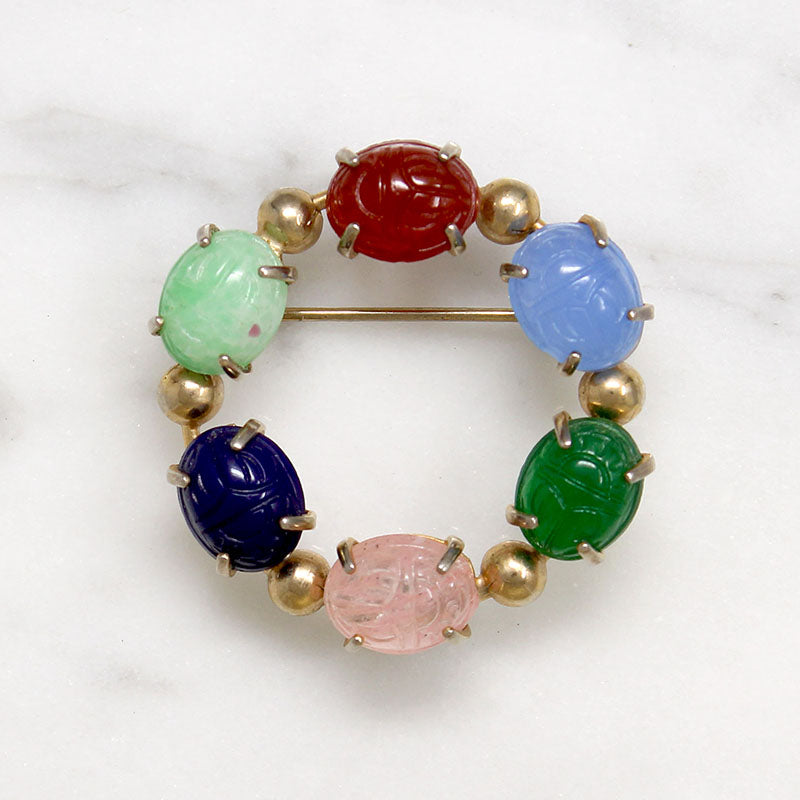 Colorful Glass Scarabs in Gold Filled Circle Brooch