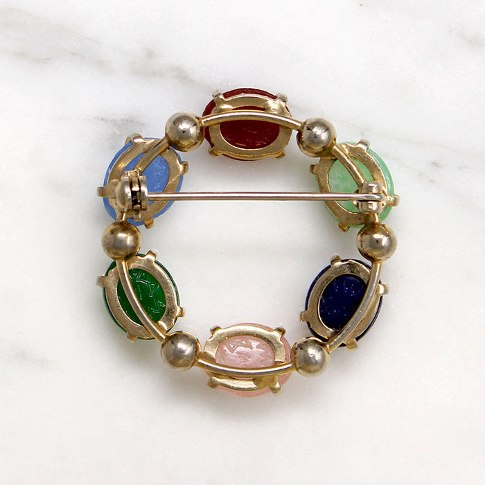Colorful Glass Scarabs in Gold Filled Circle Brooch