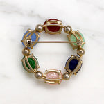 Colorful Glass Scarabs in Gold Filled Circle Brooch