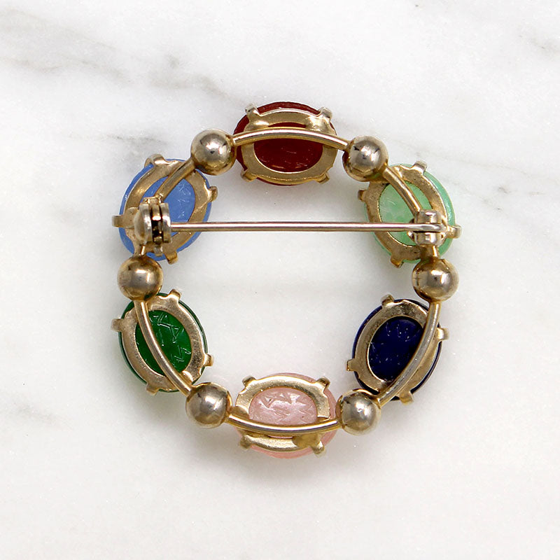 Colorful Glass Scarabs in Gold Filled Circle Brooch