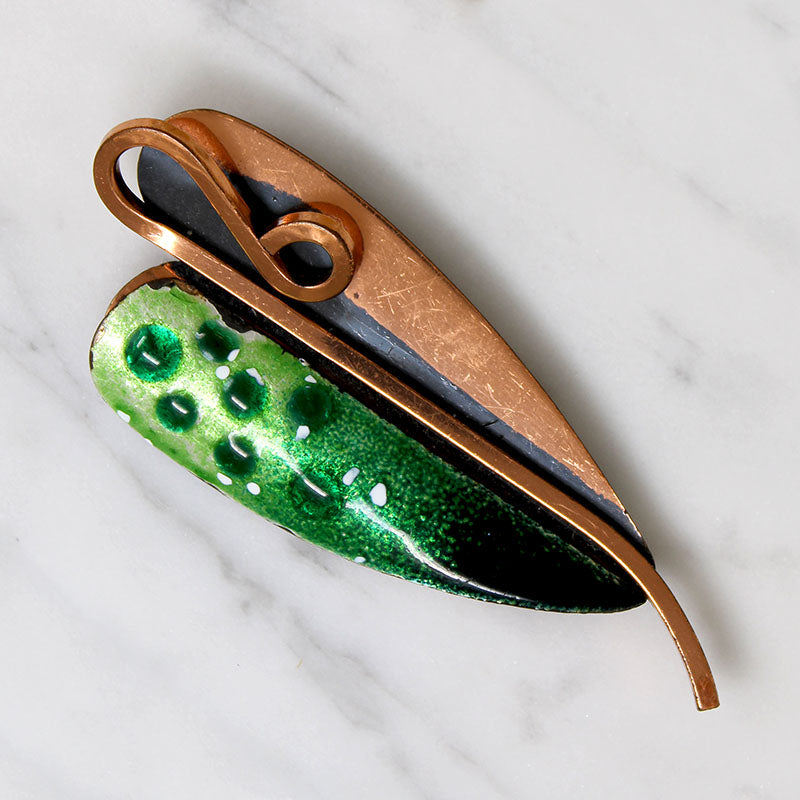 Enameled Copper Mid Century Leaf Brooch Signed Matisse