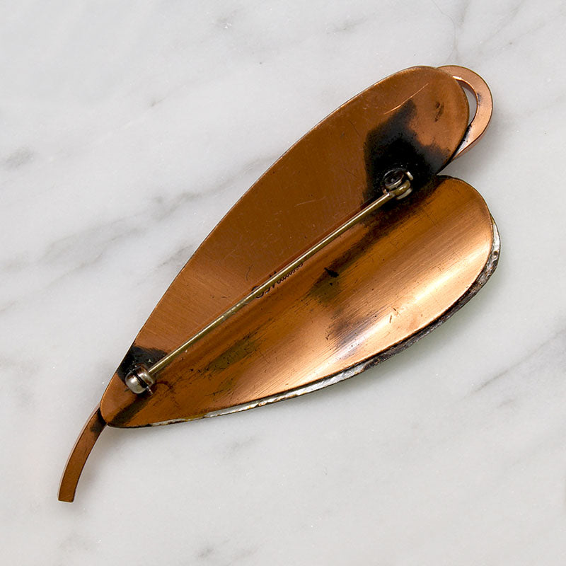 Enameled Copper Mid Century Leaf Brooch Signed Matisse