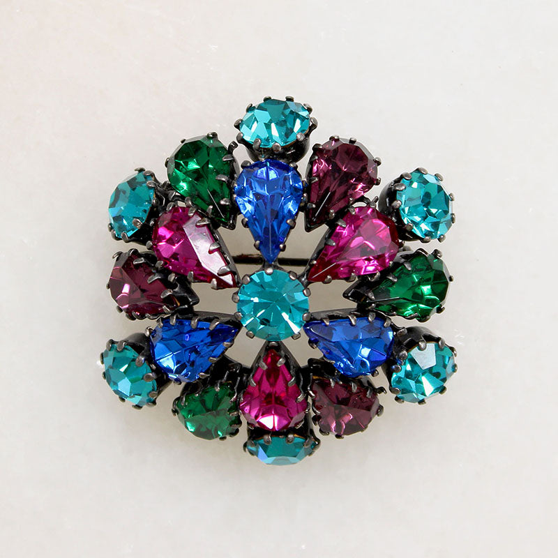 Mid Century Jewel-Tone Crystal Austrian Brooch