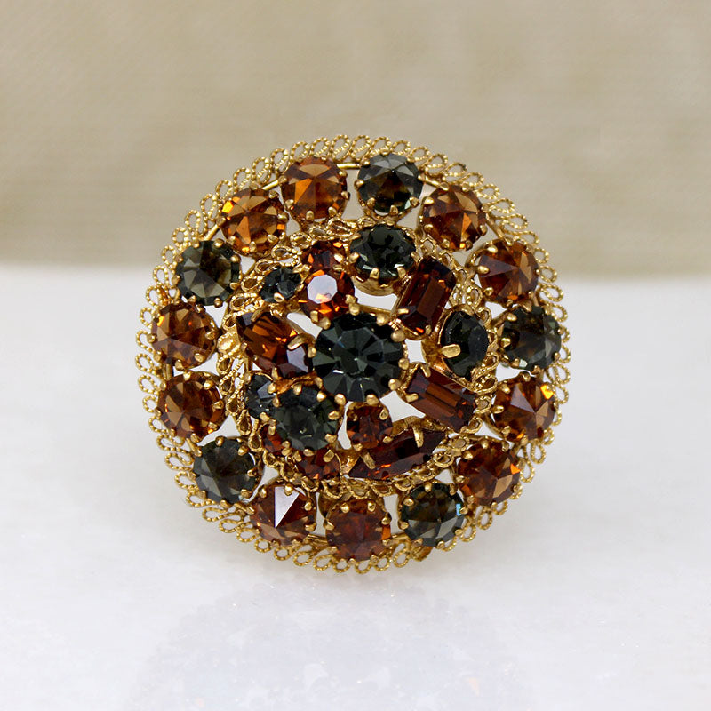 Decadent Gray & Amber-Colored Crystal Filigree Brooch
